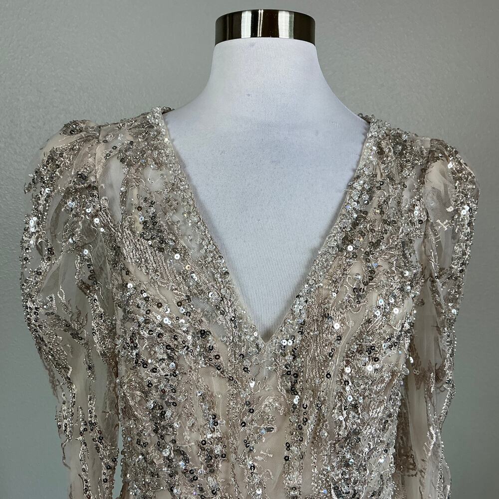 Mac Duggal 20349 Champagne Taupe Evening Gown Sequined Long Sleeve Dress Size 8 - Picture 8 of 12
